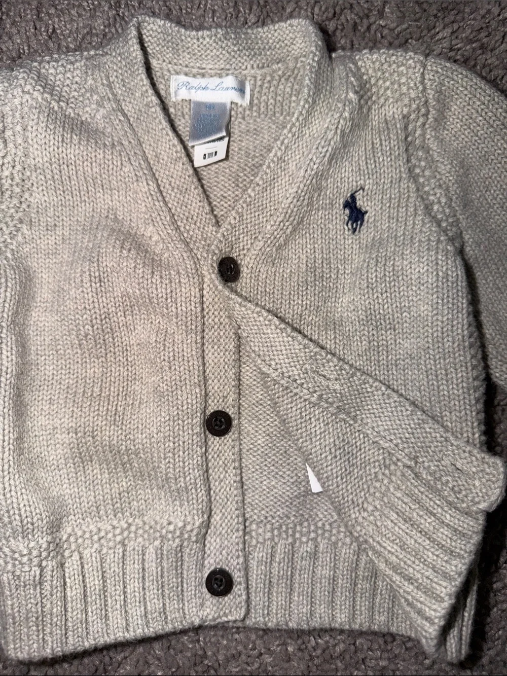 Ralph Lauren Shawl Collar Baby Cardigan - Light Gray with Navy Logo